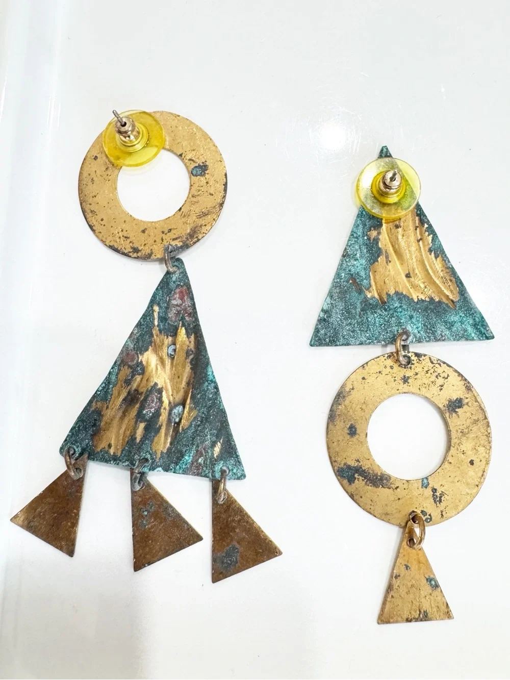80s Patina Blue Gold Geometric Articulating‎ Drop Earrings Vintage Women Jewelry